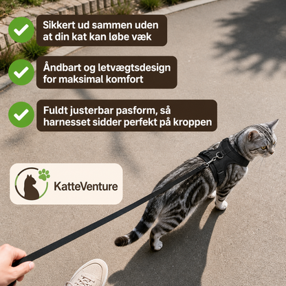 KatteVenture™ - Åndbart og justerbart katteharness med line