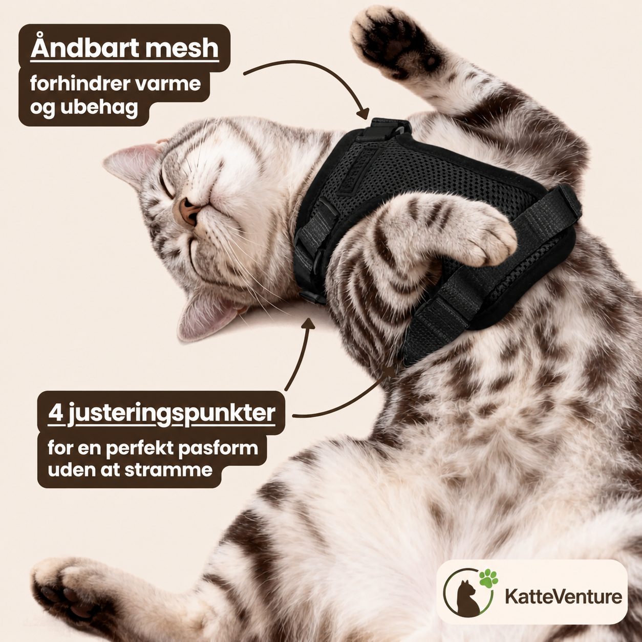 KatteVenture™ - Åndbart og justerbart katteharness med line