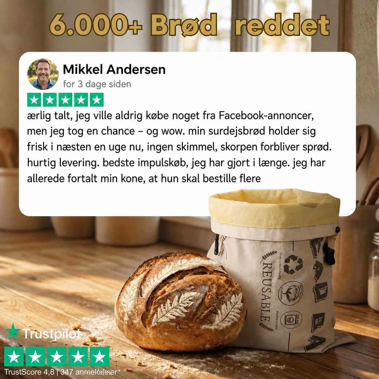 BrødFresh™ – Brødpose i bomuld & bivoks, holder brødet frisk i flere dage